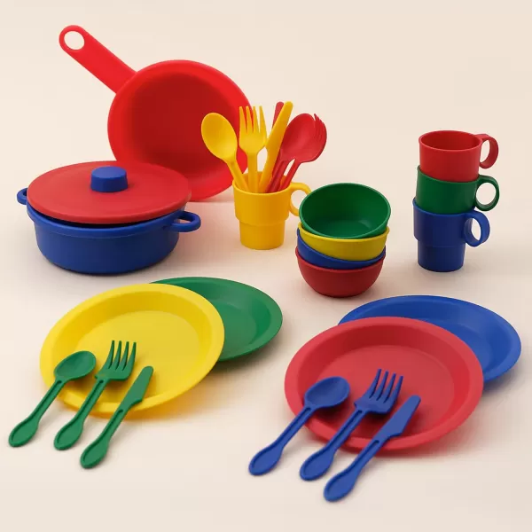 KidKraft 27Piece Primary Colored Cookware Set Plastic Dishes and Utensils for Play Kitchens Gift for Ages 18 mo