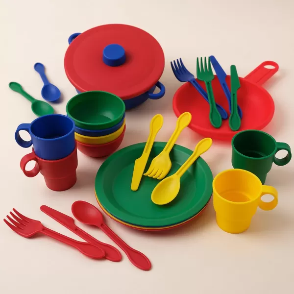 KidKraft 27Piece Primary Colored Cookware Set Plastic Dishes and Utensils for Play Kitchens Gift for Ages 18 mo