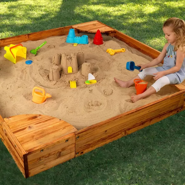 KidKraft Wooden Backyard Sandbox with Builtin Corner Seating and Mesh Cover Kids Outdoor Furniture Honey Gift for Ages 28Honey