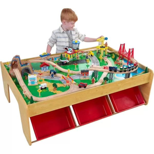 KidKraft 17850 Waterfall Mountain Wooden Train Set ampamp Table with 120 Pieces 3 Storage BinsNatural