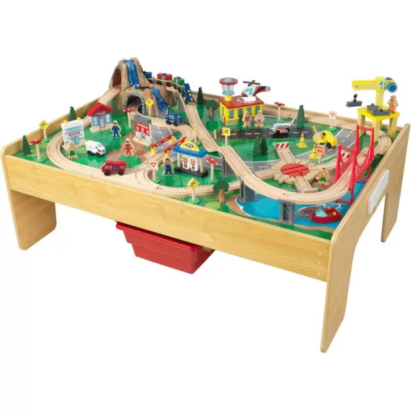 KidKraft Adventure Town Railway Wooden Train Set ampamp Table with EZ Kraft Assembly with 120 Accessories and Storage Bins Gift for Ages 3Natural