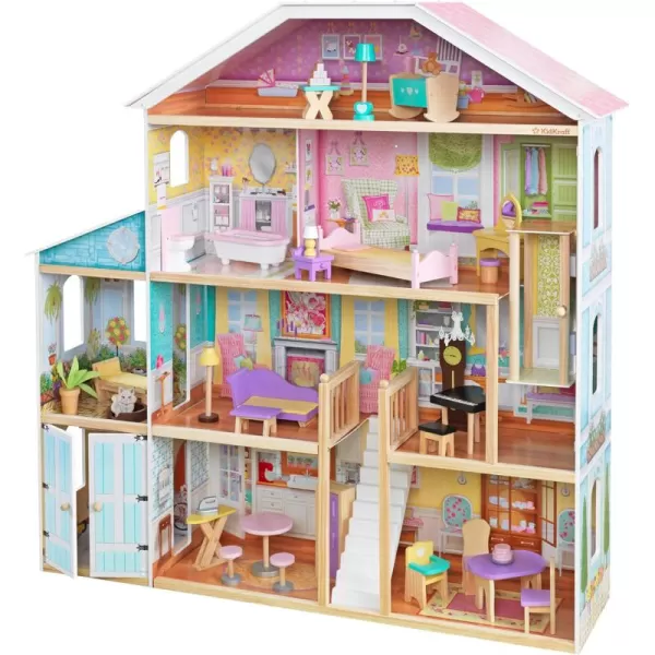 KidKraft Grand View Mansion Wooden Dollhouse with EZ Kraft Assembly Elevator Garage Attic Nursery and 34 Accessories Gift for Ages 3