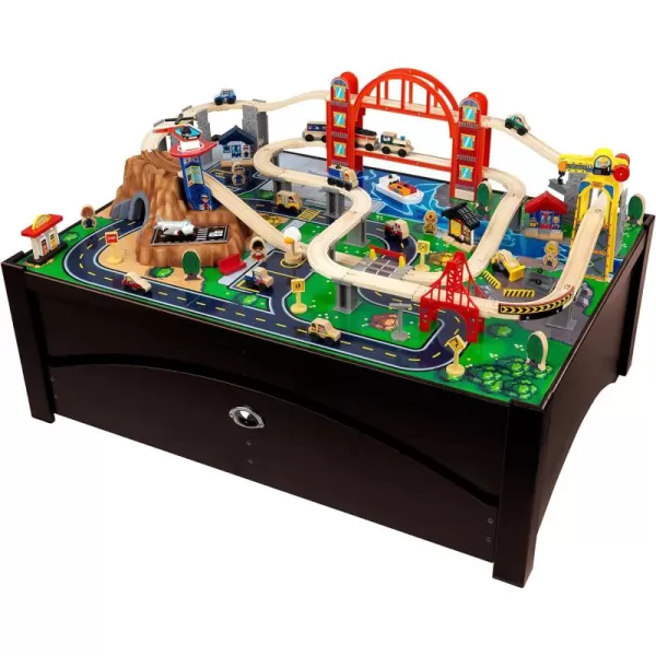 KidKraft Metropolis Wooden Train Set ampamp Table with 100 Pieces and Storage Drawer  EspressoEspresso