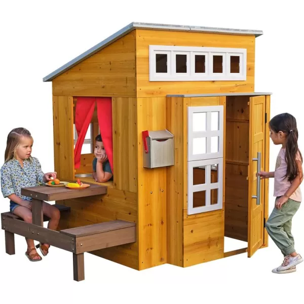 KidKraft Modern Outdoor Wooden Playhouse with Picnic Table Mailbox and Outdoor Grill WhiteNatural