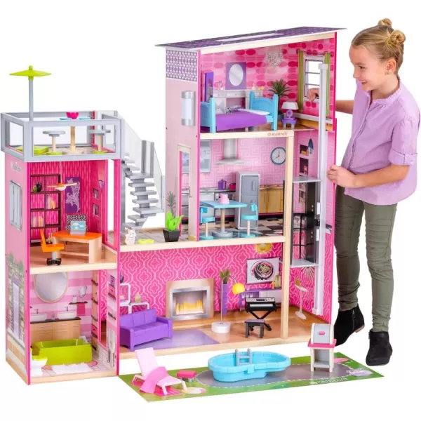 KidKraft Uptown Wooden Modern Dollhouse with Lights ampamp Sounds Pool and 36 AccessoriesMulti