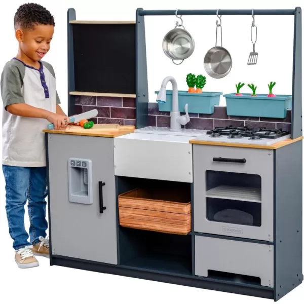 KidKraft Wooden Farm to Table Play Kitchen with EZ Kraft Assembly Lights ampamp Sounds Ice Maker and 17 AccessoriesGray