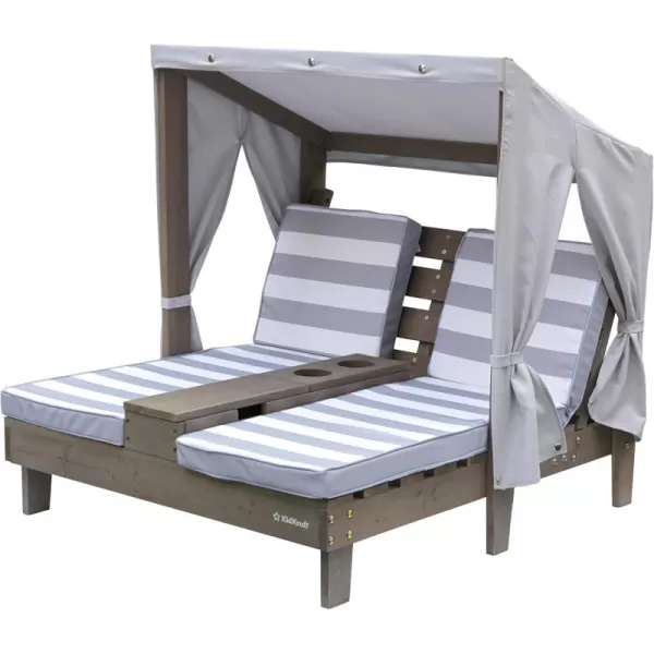 KidKraft Wooden Outdoor Double Chaise Lounge with Cup Holders Kids Patio Furniture Honey with Navy and White Striped Fabric Gift for Ages 38Grey