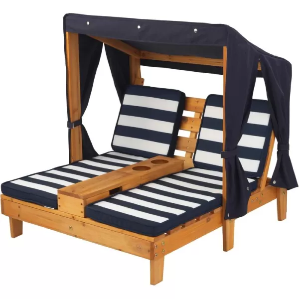 KidKraft Wooden Outdoor Double Chaise Lounge with Cup Holders Kids Patio Furniture Honey with Navy and White Striped Fabric Gift for Ages 38HoneyNavyWhite