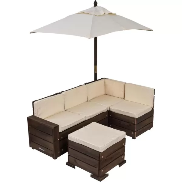 KidKraft Wooden Outdoor Sectional Ottoman ampamp Umbrella Set with Cushions Patio Furniture for Kids or Pets Barnwood Gray ampamp NavyBrown