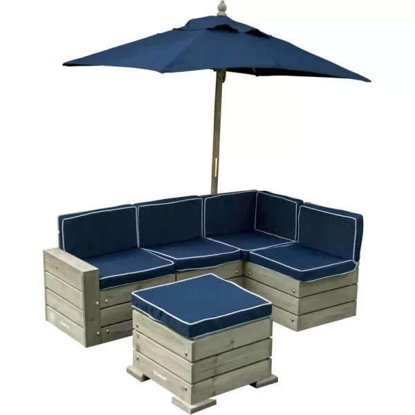 KidKraft Wooden Outdoor Sectional Ottoman ampamp Umbrella Set with Cushions Patio Furniture for Kids or Pets Barnwood Gray ampamp NavyGrey