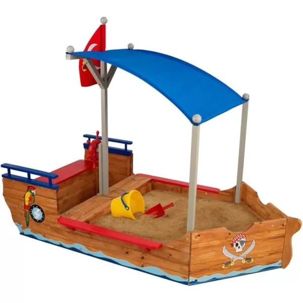 KidKraft Wooden Pirate Sandbox with Canopy Covered Childrens Sandbox Outdoor Furniture  Blue ampamp Red Gift for Ages 38Natural