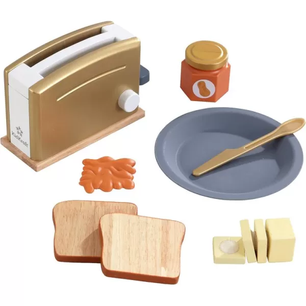 KidKraft Wooden Toaster Playset with 8 Pieces and Working Handle Play Kitchen Toy  PastelMetallic