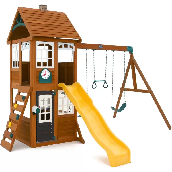 imageKidKraft McKinley Wooden Swing SetPlayset with Clubhouse Mailbox Play Kitchen Swings and SlideGift for Ages 310Brown