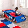 imageKidKraft Wooden Racecar Toddler Bed with Builtin Bench ampamp Bed Rails  Red ampamp Blue