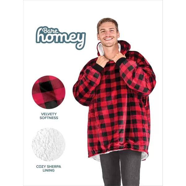 Bare Home Wearable Blanket Hoodie  Soft Plush Sherpa  Warm and Cozy  Oversized Wearable Blanket  Adult ampamp Kid Sizes15  Buffalo Plaid  RedBlack