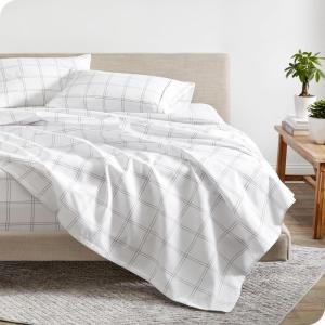 imageBare Home Queen Sheet Set  Luxury 1800 UltraSoft Microfiber Double Brushed  Deep Pockets  Easy Fit  4 Piece Set Queen Modern Plaid  WhiteGrey