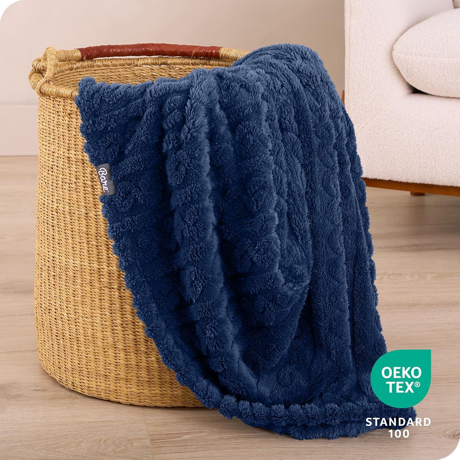 imageBare Home Faux Shearling Blanket  Blanket for Bed Sofa Couch Camping Travel and Gifts  Warm ampamp Lightweight Throw  Fluffy ampamp Soft TwinTwin XL Cable Dark Blue