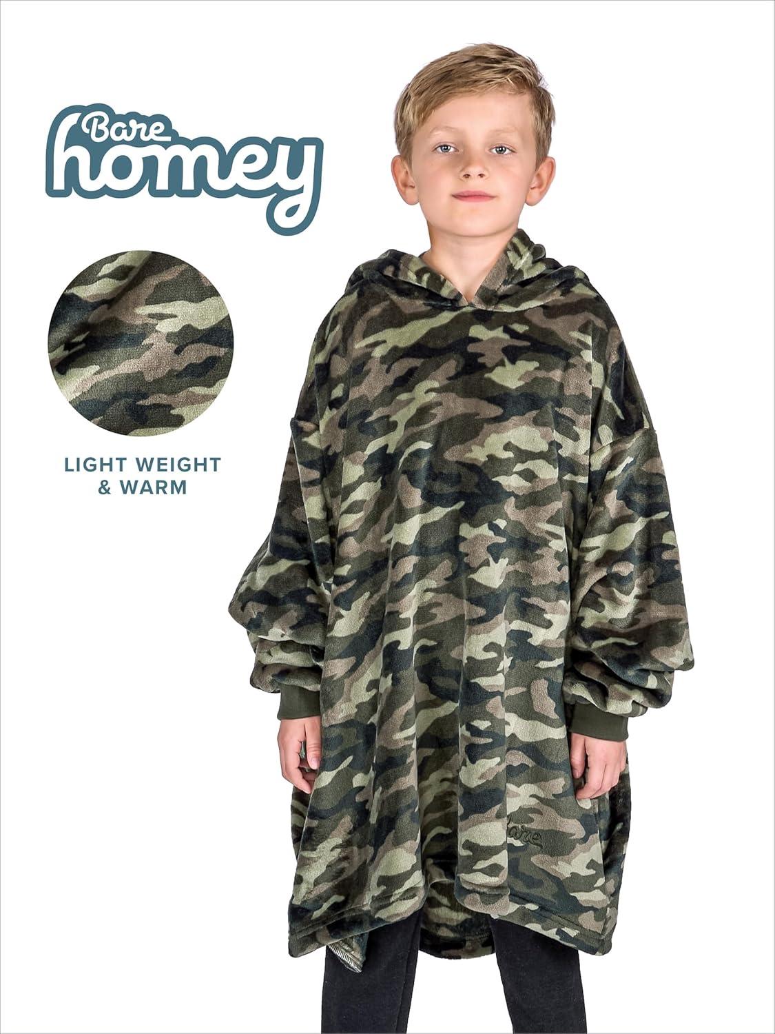 imageBare Home Long Length Microplush Wearable Blanket with Side Pockets  Soft and Plush  Warm and Cozy  Adult ampamp Kid Sizes Kids Light PinkCamo Green