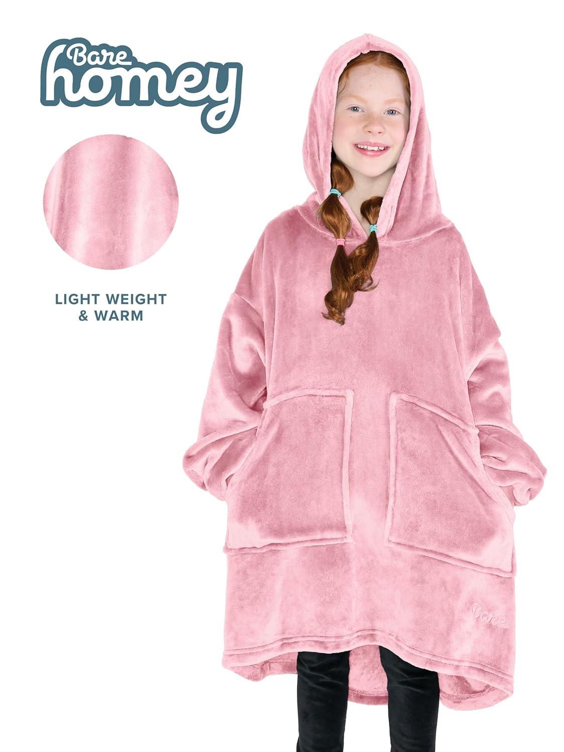 imageBare Home Long Length Microplush Wearable Blanket with Side Pockets  Soft and Plush  Warm and Cozy  Adult ampamp Kid Sizes Kids Light PinkLight Pink