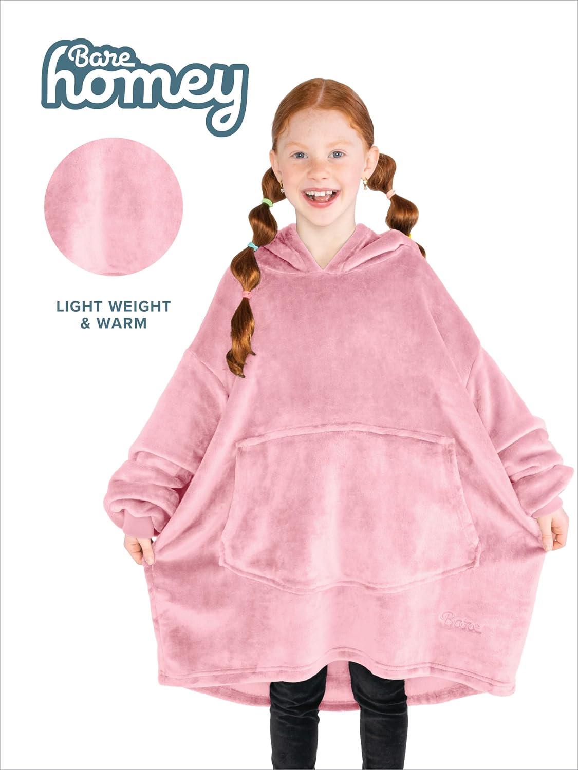 imageBare Home Long Length Microplush Wearable Blanket with Side Pockets  Soft and Plush  Warm and Cozy  Adult ampamp Kid Sizes Kids Light PinkLight Pink