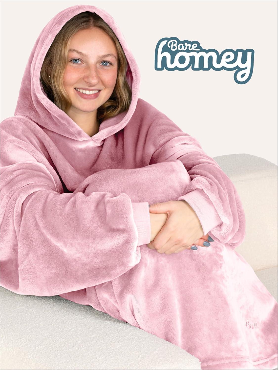 imageBare Home Long Length Microplush Wearable Blanket with Side Pockets  Soft and Plush  Warm and Cozy  Adult ampamp Kid Sizes Kids Light PinkLight Pink