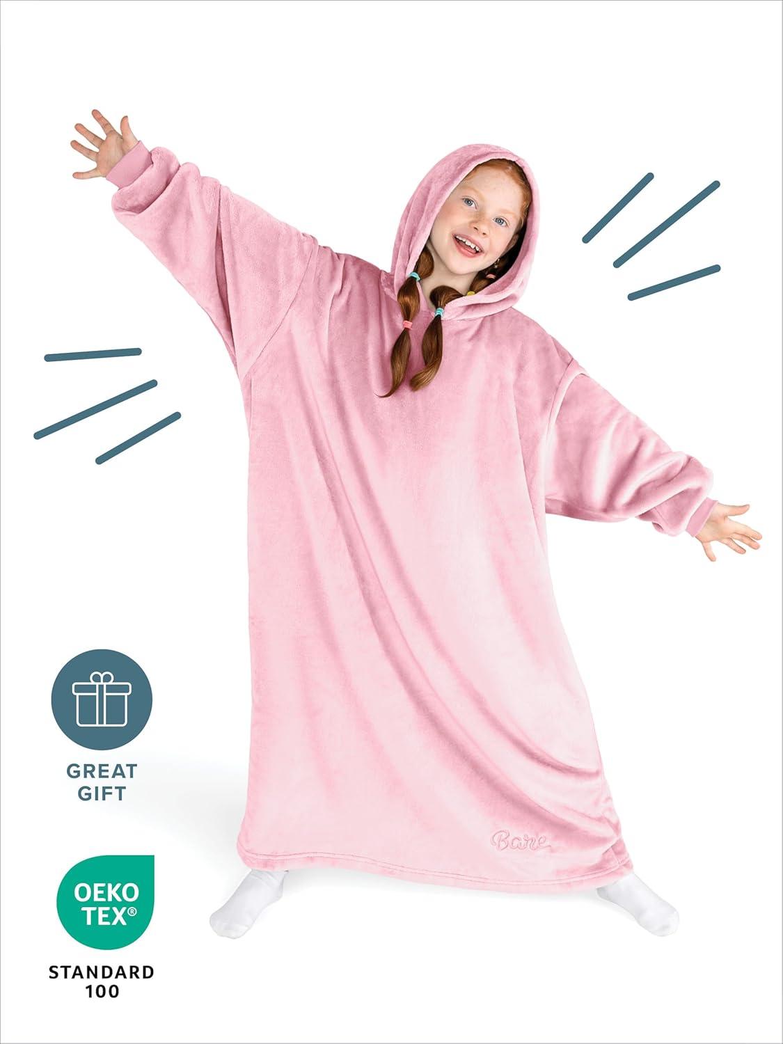 imageBare Home Long Length Microplush Wearable Blanket with Side Pockets  Soft and Plush  Warm and Cozy  Adult ampamp Kid Sizes Kids Light PinkLight Pink