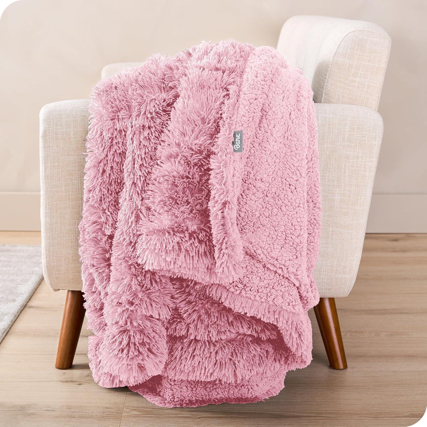 imageBare Home Shaggy Faux Fur Sherpa Blanket  Super Soft Fuzzy Fluffy  Reversible Cozy Warm Blanket for Couch Sofa Chair Bed  Luxury Home Decor ThrowTravel Grey10  Light Pink