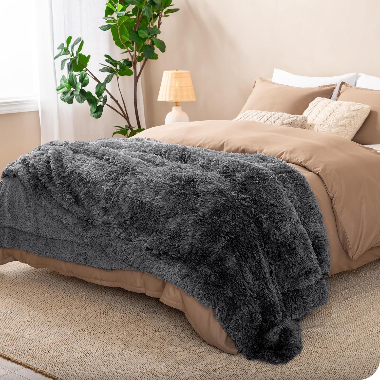 imageBare Home Shaggy Faux Fur Sherpa Blanket  Super Soft Fuzzy Fluffy  Reversible Cozy Warm Blanket for Couch Sofa Chair Bed  Luxury Home Decor ThrowTravel Grey03  Grey