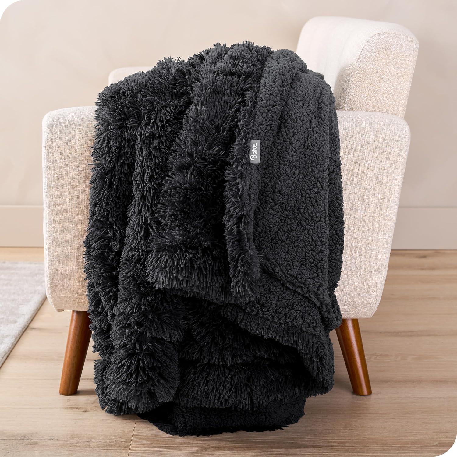 imageBare Home Shaggy Faux Fur Sherpa Blanket  Super Soft Fuzzy Fluffy  Reversible Cozy Warm Blanket for Couch Sofa Chair Bed  Luxury Home Decor ThrowTravel Grey02  Black