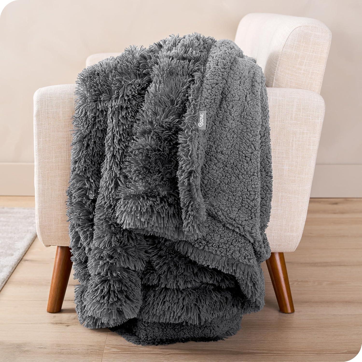imageBare Home Shaggy Faux Fur Sherpa Blanket  Super Soft Fuzzy Fluffy  Reversible Cozy Warm Blanket for Couch Sofa Chair Bed  Luxury Home Decor ThrowTravel Grey03  Grey