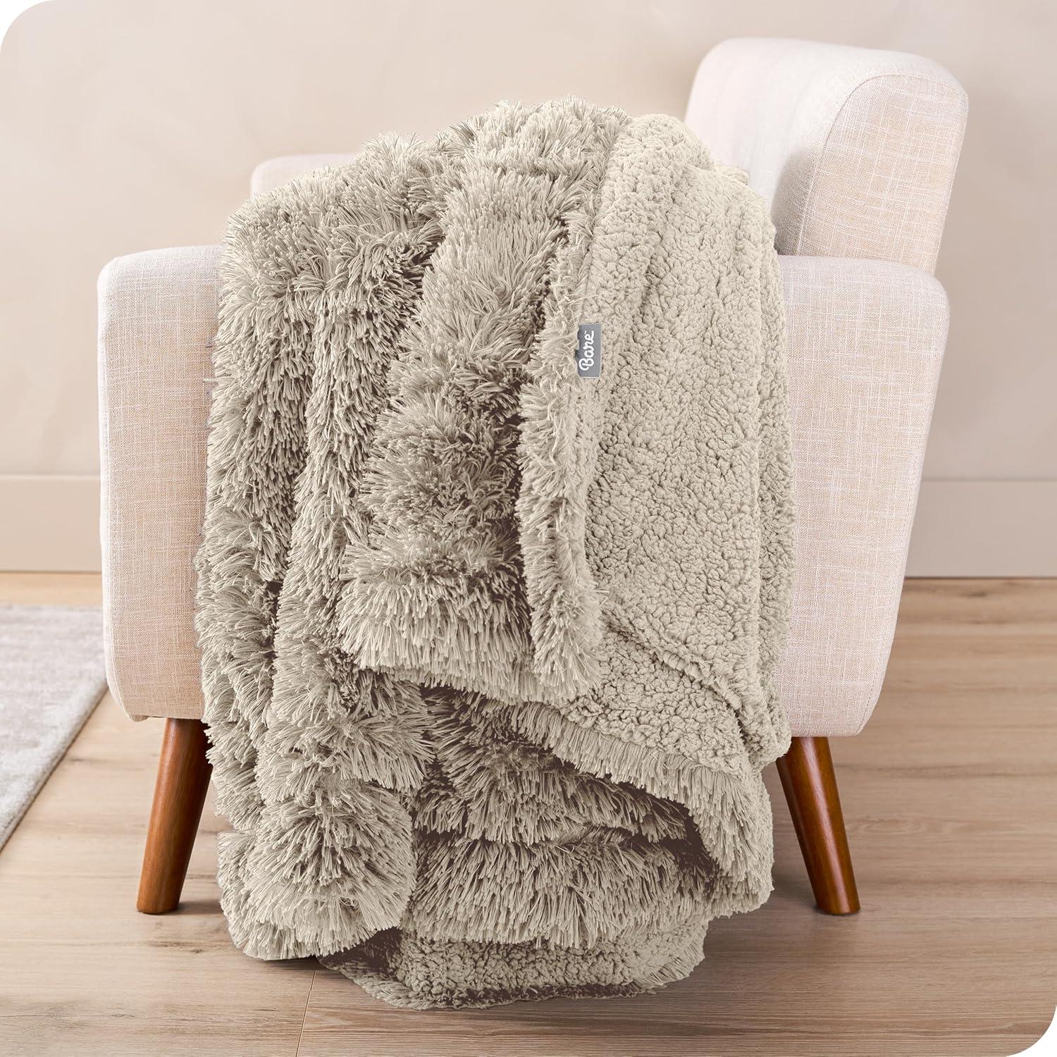 imageBare Home Shaggy Faux Fur Sherpa Blanket  Super Soft Fuzzy Fluffy  Reversible Cozy Warm Blanket for Couch Sofa Chair Bed  Luxury Home Decor ThrowTravel Grey05  Oyster