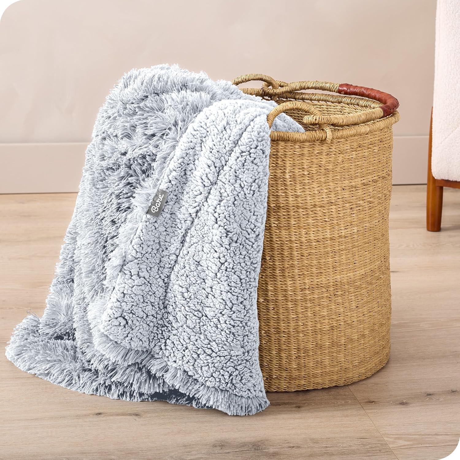 imageBare Home Shaggy Faux Fur Sherpa Blanket  Super Soft Fuzzy Fluffy  Reversible Cozy Warm Blanket for Couch Sofa Chair Bed  Luxury Home Decor ThrowTravel Grey01  White