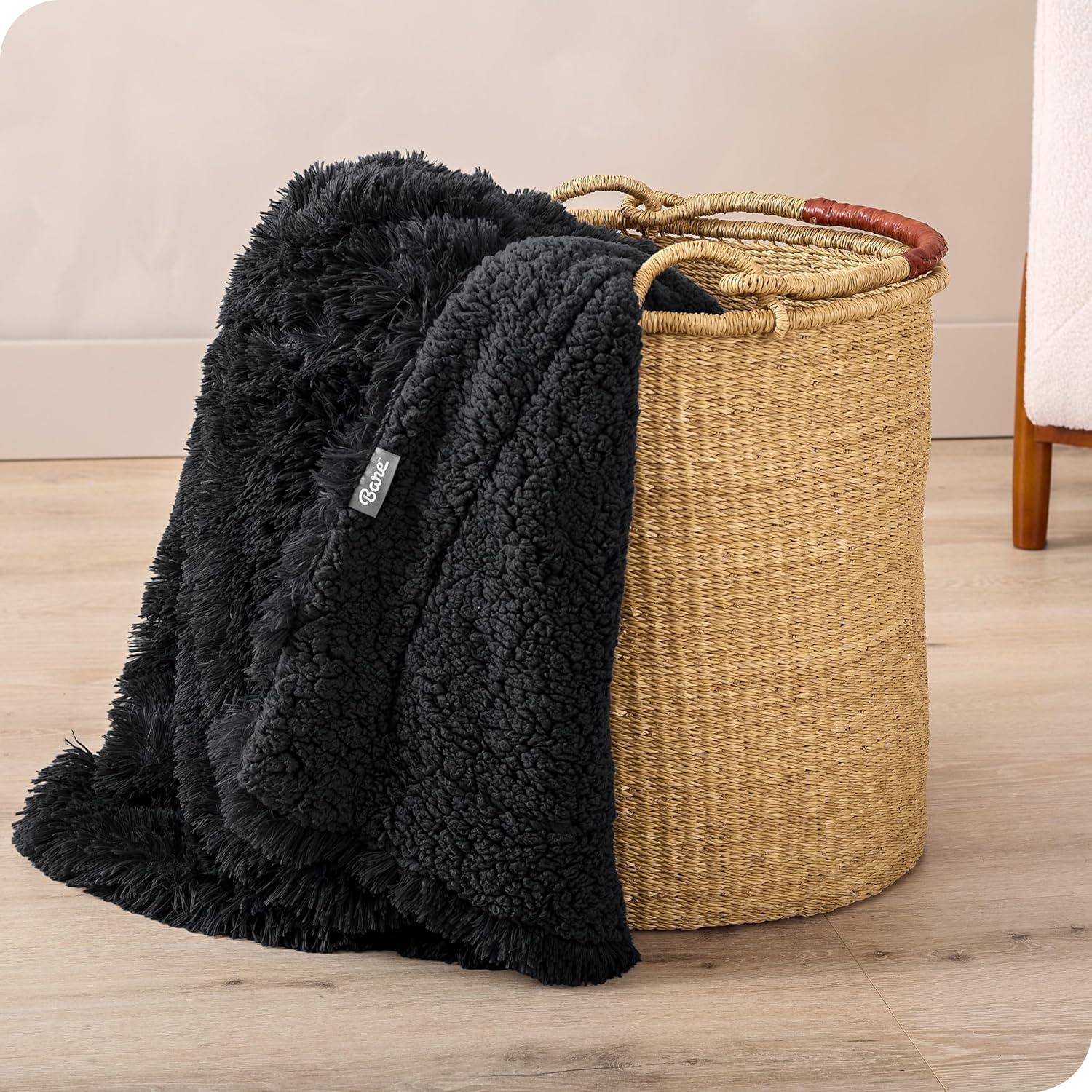 imageBare Home Shaggy Faux Fur Sherpa Blanket  Super Soft Fuzzy Fluffy  Reversible Cozy Warm Blanket for Couch Sofa Chair Bed  Luxury Home Decor ThrowTravel Grey02  Black
