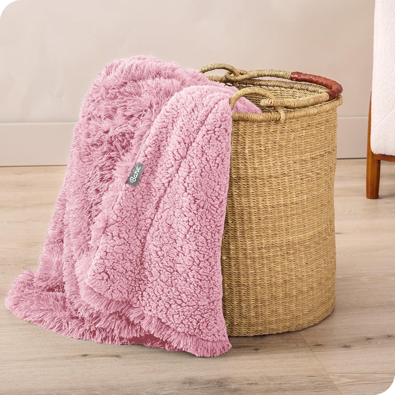 imageBare Home Shaggy Faux Fur Sherpa Blanket  Super Soft Fuzzy Fluffy  Reversible Cozy Warm Blanket for Couch Sofa Chair Bed  Luxury Home Decor ThrowTravel Grey10  Light Pink