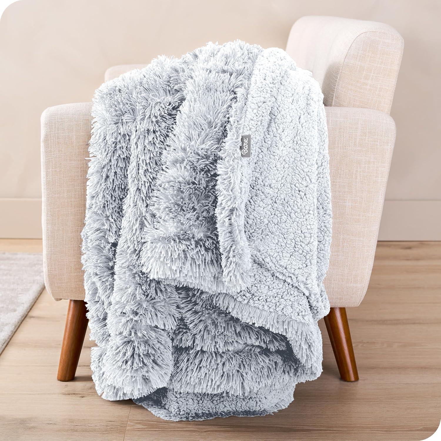 imageBare Home Shaggy Faux Fur Sherpa Blanket  Super Soft Fuzzy Fluffy  Reversible Cozy Warm Blanket for Couch Sofa Chair Bed  Luxury Home Decor ThrowTravel Grey01  White