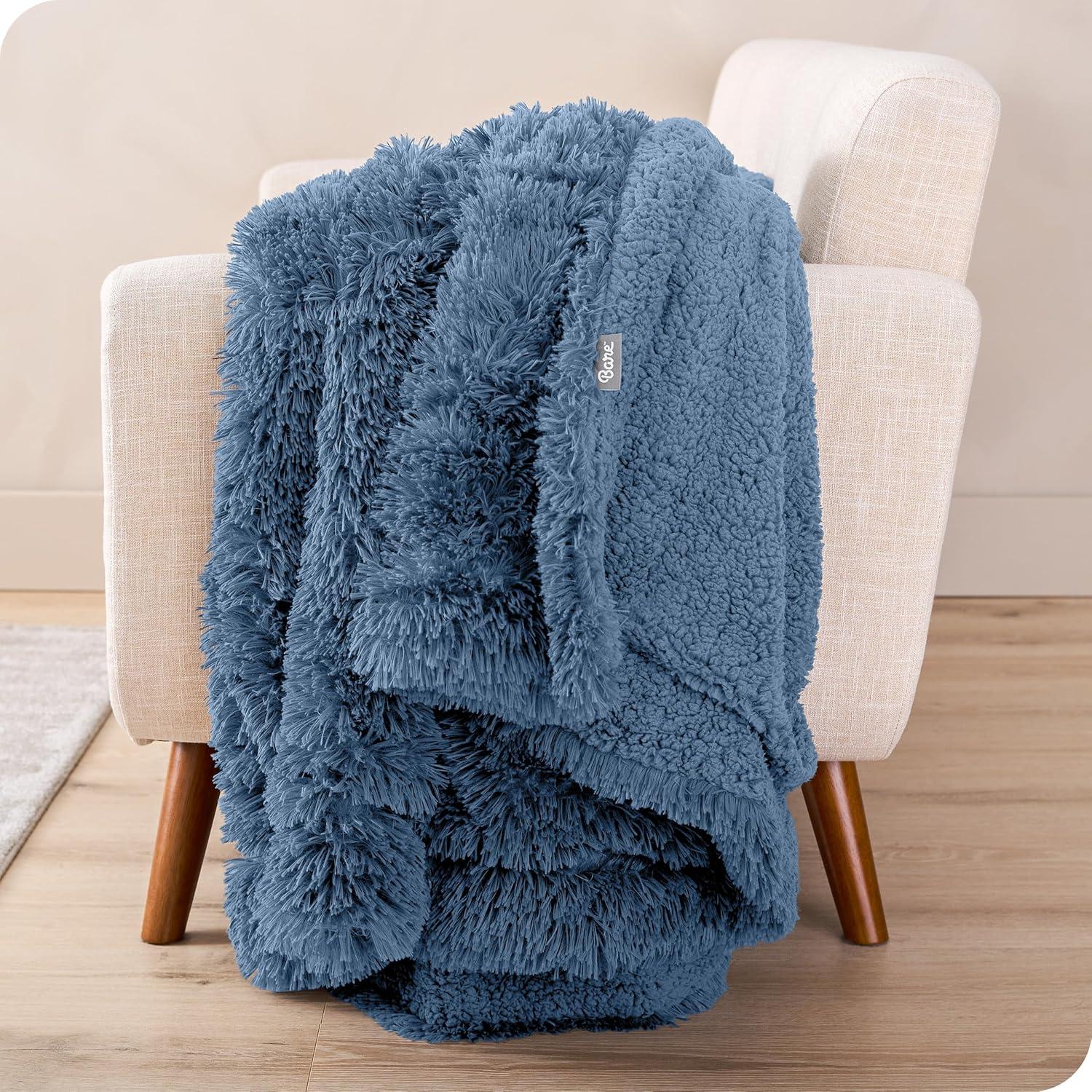 imageBare Home Shaggy Faux Fur Sherpa Blanket  Super Soft Fuzzy Fluffy  Reversible Cozy Warm Blanket for Couch Sofa Chair Bed  Luxury Home Decor ThrowTravel Grey06  Coronet Blue