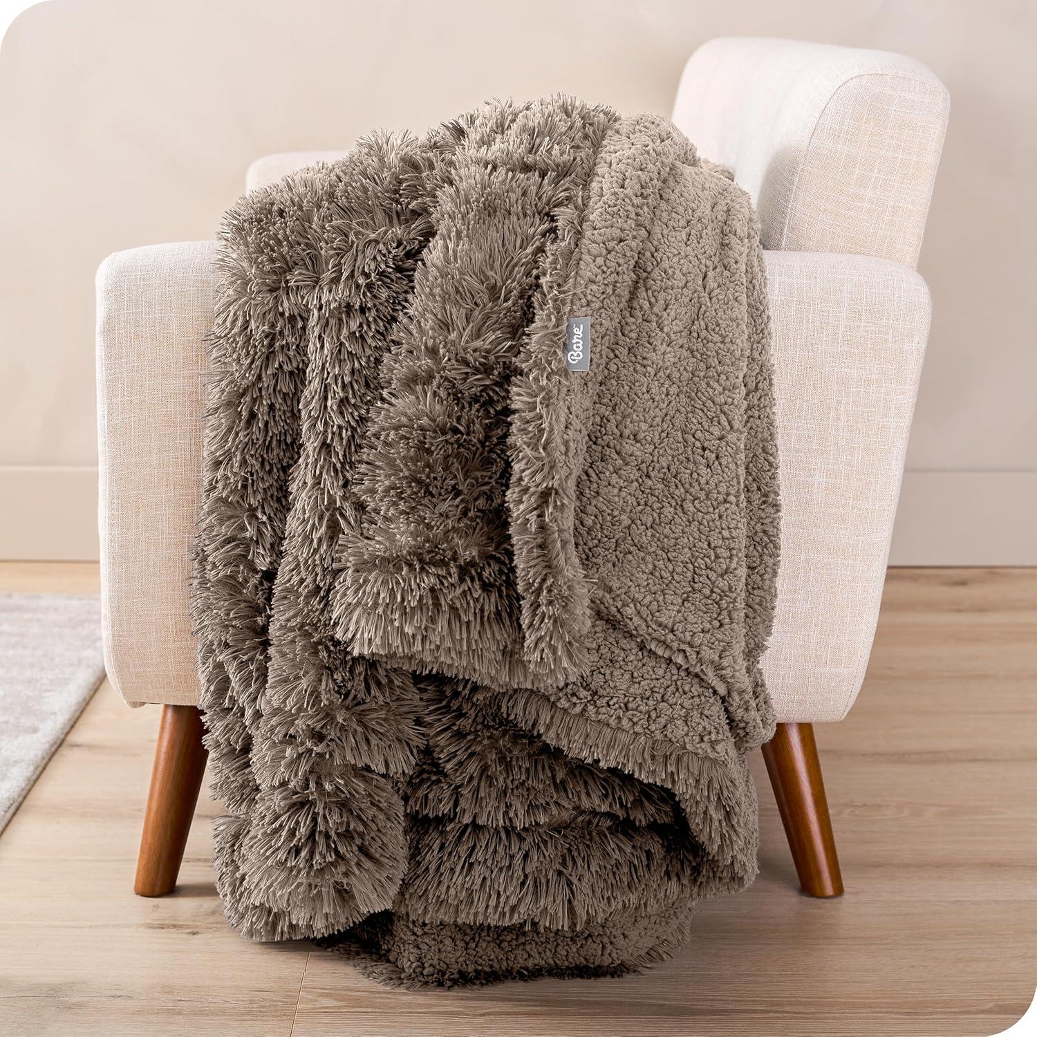 imageBare Home Shaggy Faux Fur Sherpa Blanket  Super Soft Fuzzy Fluffy  Reversible Cozy Warm Blanket for Couch Sofa Chair Bed  Luxury Home Decor ThrowTravel Grey04  Taupe