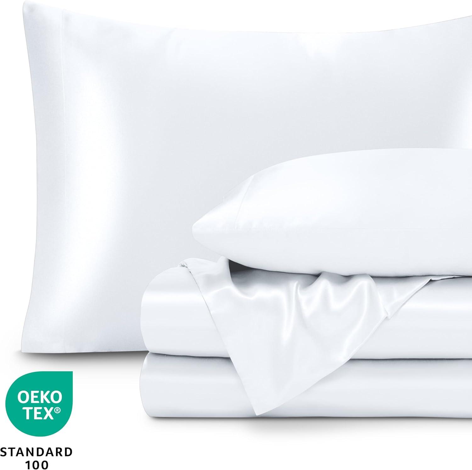 imageBare Home King Poly Satin Sheet Set  Luxury Soft and Smooth Satin  for Hair and Skin  Breathable  Similar to Silk  Deep Pocket up to 15  Bedding Sheet Set King Grey01  White