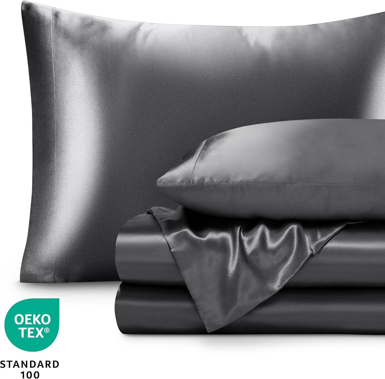 imageBare Home King Poly Satin Sheet Set  Luxury Soft and Smooth Satin  for Hair and Skin  Breathable  Similar to Silk  Deep Pocket up to 15  Bedding Sheet Set King Grey03  Grey