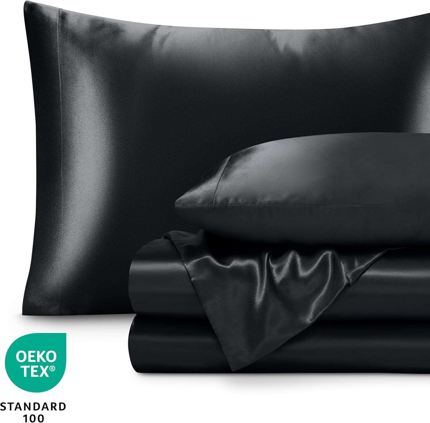 imageBare Home King Poly Satin Sheet Set  Luxury Soft and Smooth Satin  for Hair and Skin  Breathable  Similar to Silk  Deep Pocket up to 15  Bedding Sheet Set King Grey02  Black