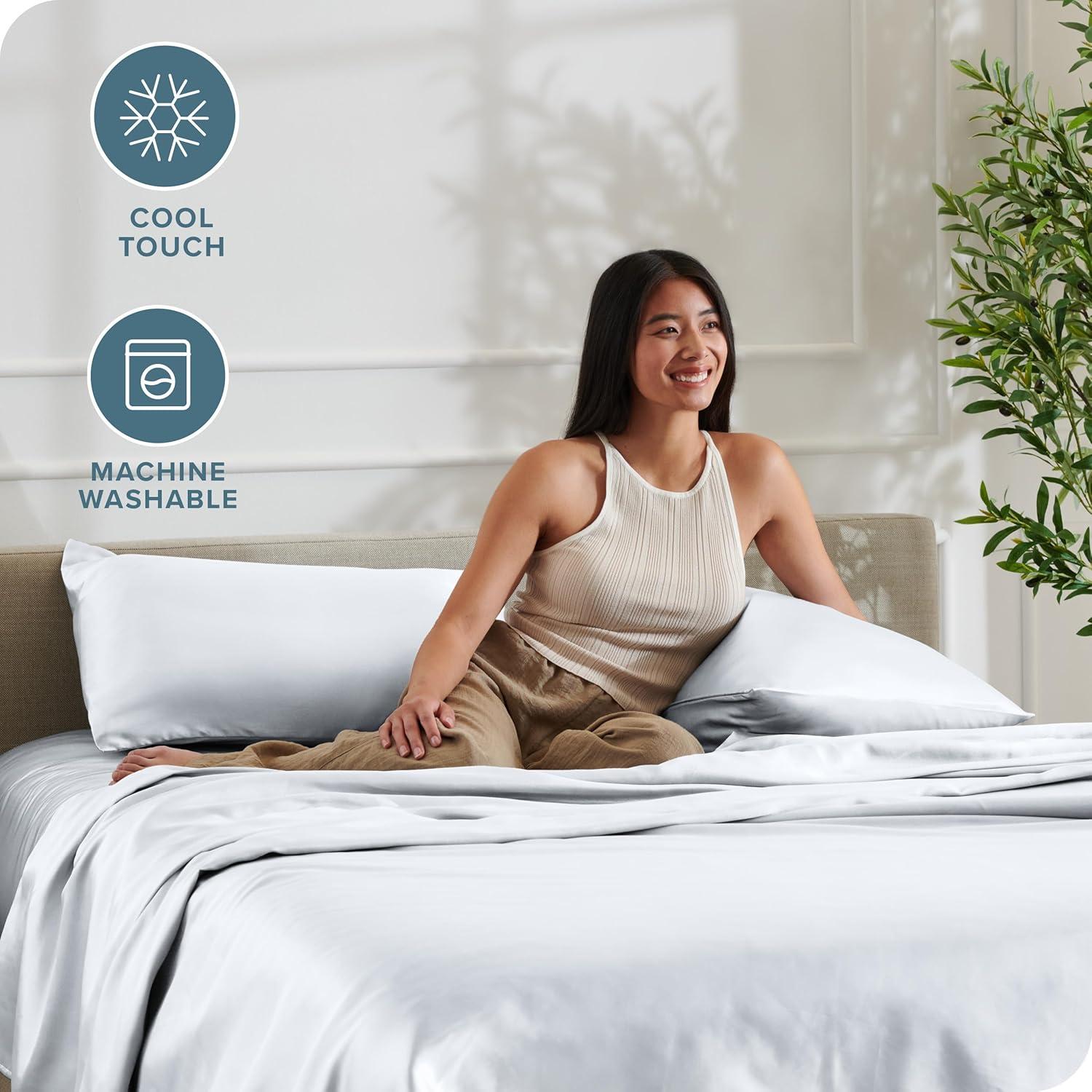 imageBare Home King Poly Satin Sheet Set  Luxury Soft and Smooth Satin  for Hair and Skin  Breathable  Similar to Silk  Deep Pocket up to 15  Bedding Sheet Set King Grey01  White