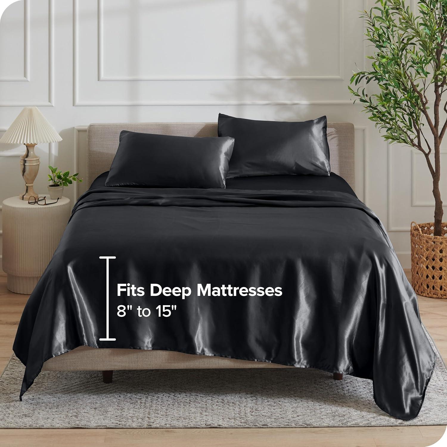 imageBare Home King Poly Satin Sheet Set  Luxury Soft and Smooth Satin  for Hair and Skin  Breathable  Similar to Silk  Deep Pocket up to 15  Bedding Sheet Set King Grey02  Black