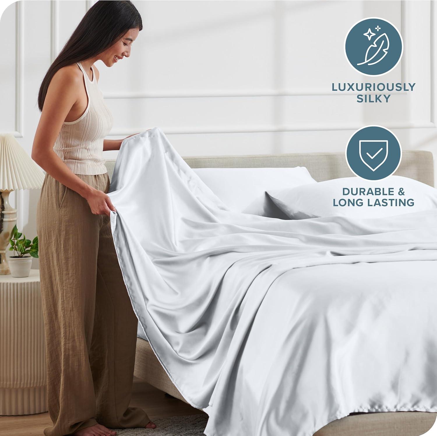 imageBare Home King Poly Satin Sheet Set  Luxury Soft and Smooth Satin  for Hair and Skin  Breathable  Similar to Silk  Deep Pocket up to 15  Bedding Sheet Set King Grey01  White