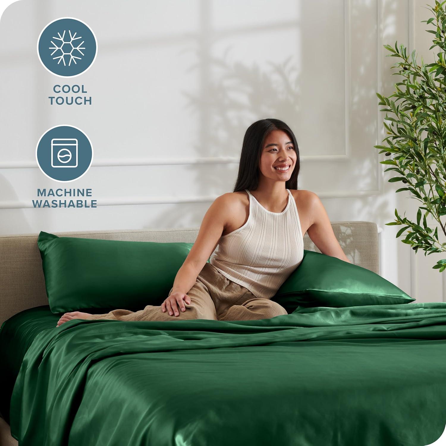 imageBare Home King Poly Satin Sheet Set  Luxury Soft and Smooth Satin  for Hair and Skin  Breathable  Similar to Silk  Deep Pocket up to 15  Bedding Sheet Set King Grey06  Forest Green