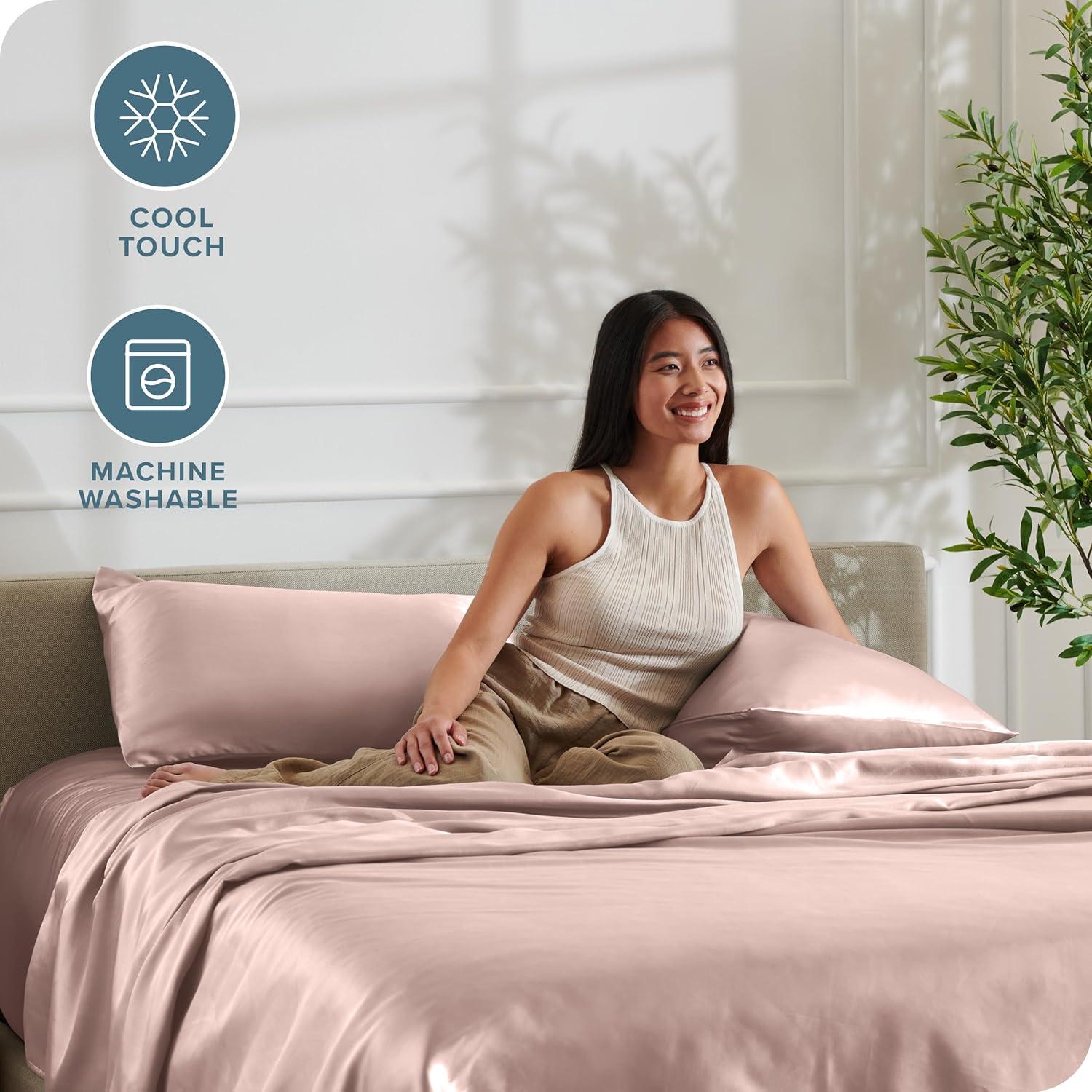 imageBare Home King Poly Satin Sheet Set  Luxury Soft and Smooth Satin  for Hair and Skin  Breathable  Similar to Silk  Deep Pocket up to 15  Bedding Sheet Set King Grey05  Blush