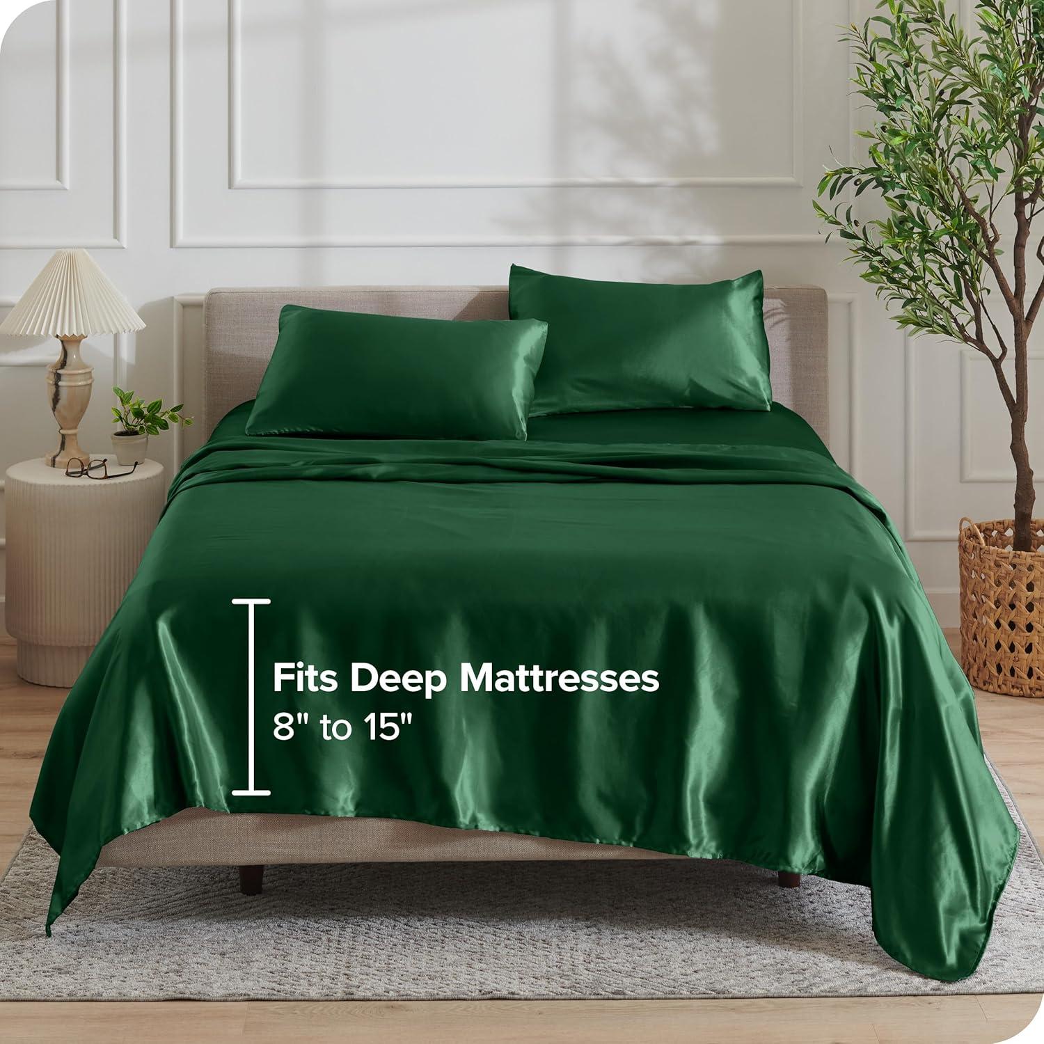 imageBare Home King Poly Satin Sheet Set  Luxury Soft and Smooth Satin  for Hair and Skin  Breathable  Similar to Silk  Deep Pocket up to 15  Bedding Sheet Set King Grey06  Forest Green