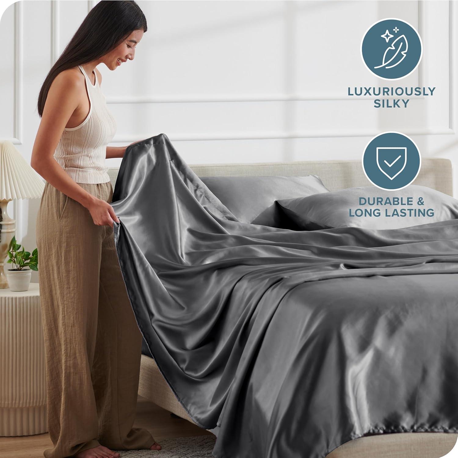 imageBare Home King Poly Satin Sheet Set  Luxury Soft and Smooth Satin  for Hair and Skin  Breathable  Similar to Silk  Deep Pocket up to 15  Bedding Sheet Set King Grey03  Grey