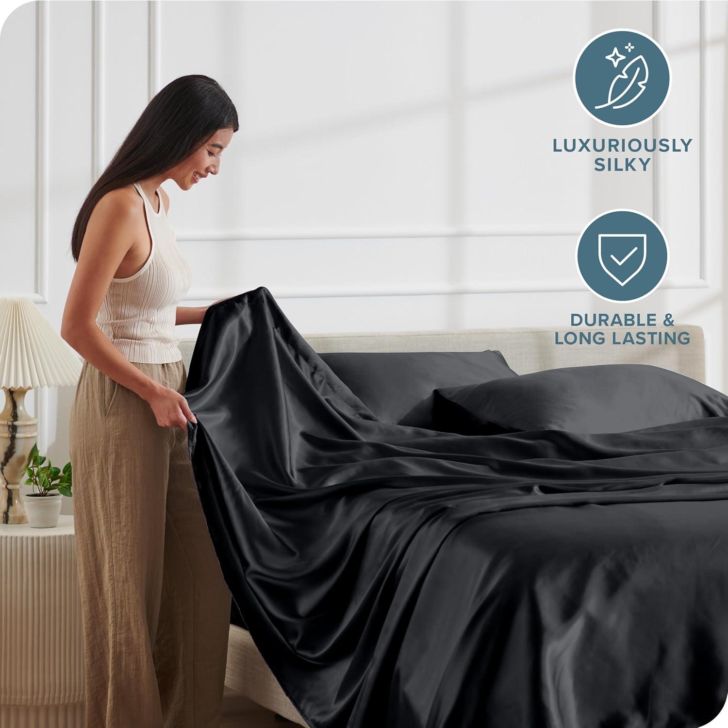 imageBare Home King Poly Satin Sheet Set  Luxury Soft and Smooth Satin  for Hair and Skin  Breathable  Similar to Silk  Deep Pocket up to 15  Bedding Sheet Set King Grey02  Black
