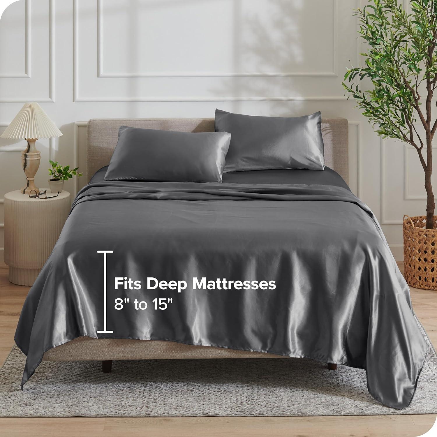 imageBare Home King Poly Satin Sheet Set  Luxury Soft and Smooth Satin  for Hair and Skin  Breathable  Similar to Silk  Deep Pocket up to 15  Bedding Sheet Set King Grey03  Grey