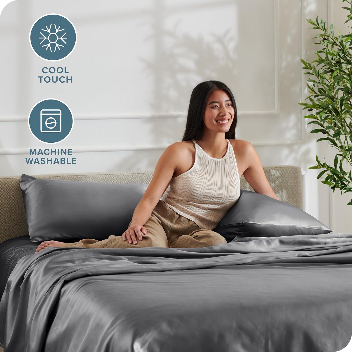 imageBare Home King Poly Satin Sheet Set  Luxury Soft and Smooth Satin  for Hair and Skin  Breathable  Similar to Silk  Deep Pocket up to 15  Bedding Sheet Set King Grey03  Grey